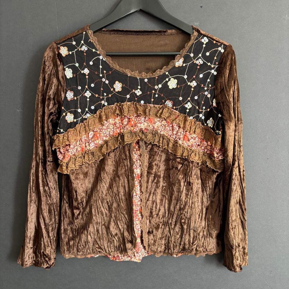 VTG Y2K Brown Velvet Sequin Lace Top Whimsigoth Witchy - Size M/L